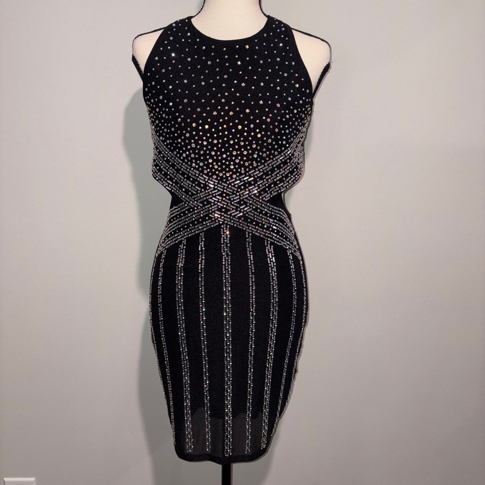 Rhinestone Studded Cut-Out Open Back Mini Dress Womens L Black Banjul